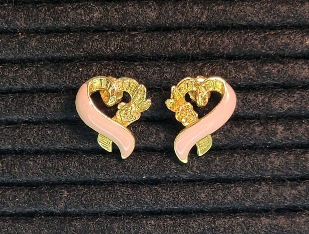 Gold Tone Pierced Post Earrings Pink Enamel Heart Rose Signed AVON Vintage 1996